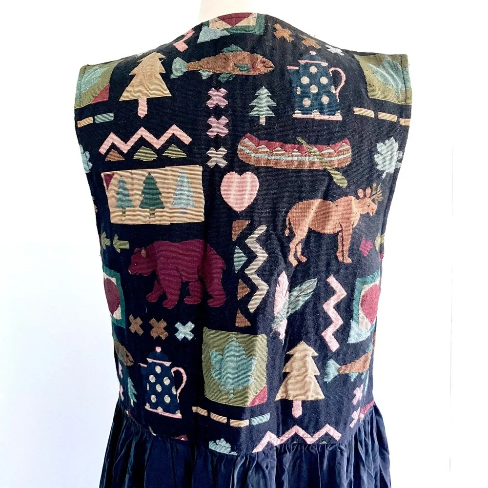 Vintage 80’s Twin Peaks brocade camping bib dress